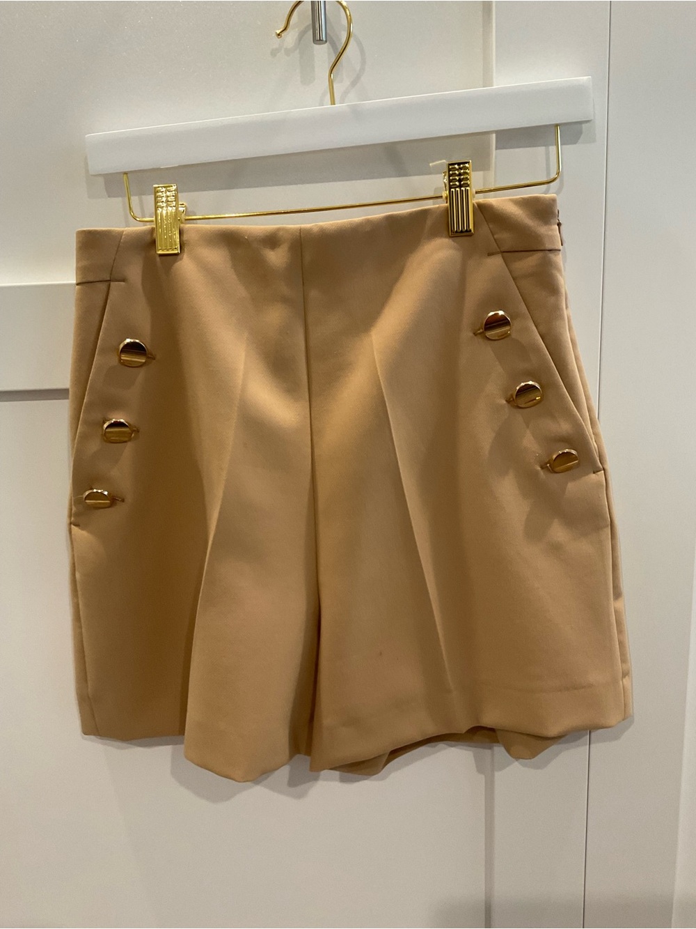 Zara Tan High-Waist Shorts with Gold-Tone Button Accents